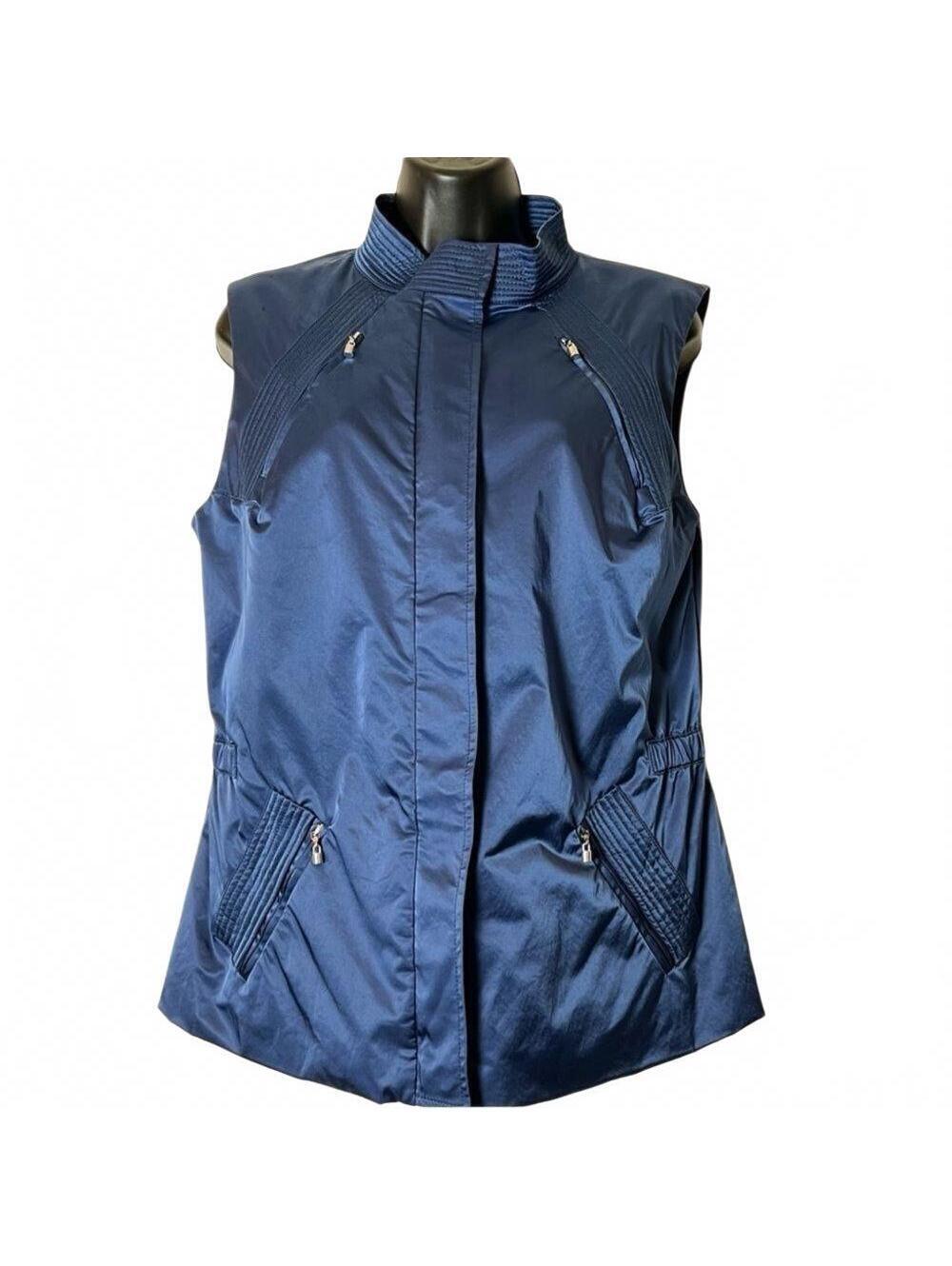 St John Cobalt Blue Sateen Nylon Full Zip Quilted Mock Neck Vest 12 Navy  L